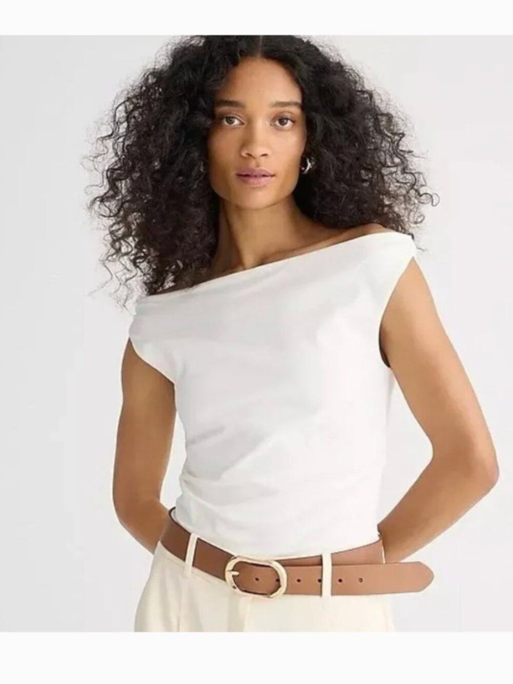 J.Crew Off Shoulder Boatneck Tank Top Ivory Stretch Cotton Ruched XS BY375